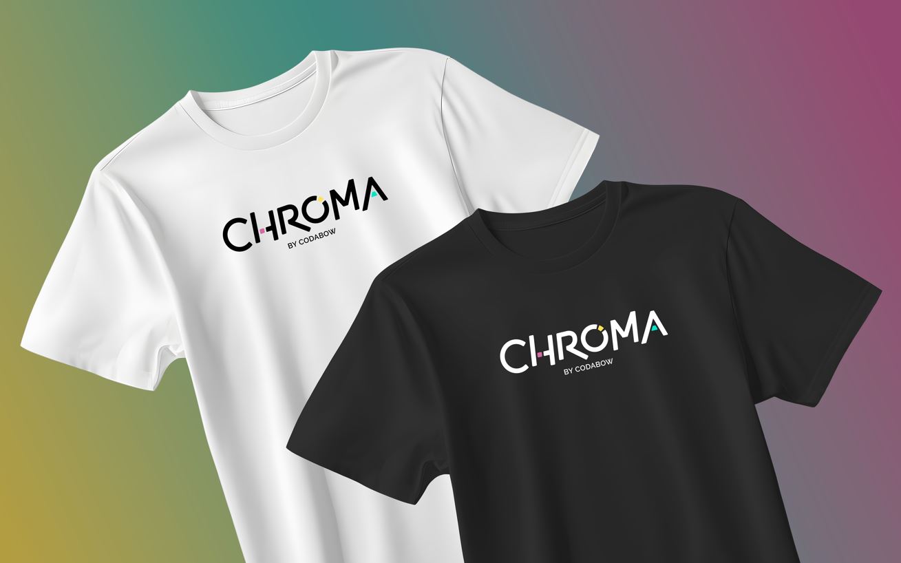 White and black t-shirts with 'CHROMA' branding on a gradient background