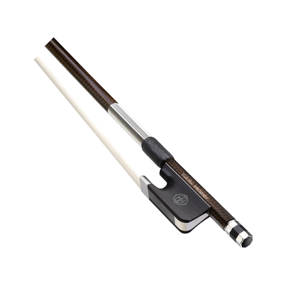 Violin bow with brown frog and white hair on a white background