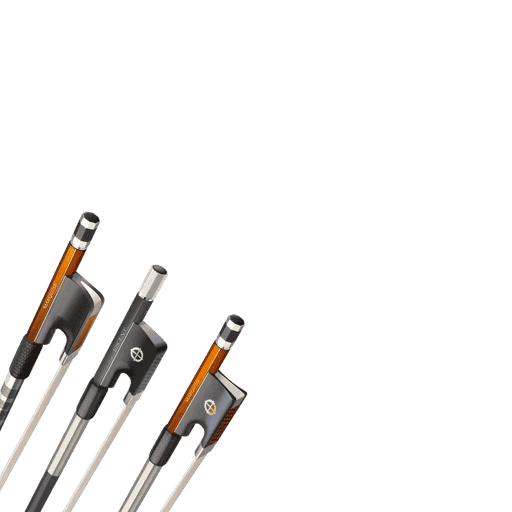 Carbon fiber violin bows displayed in a row